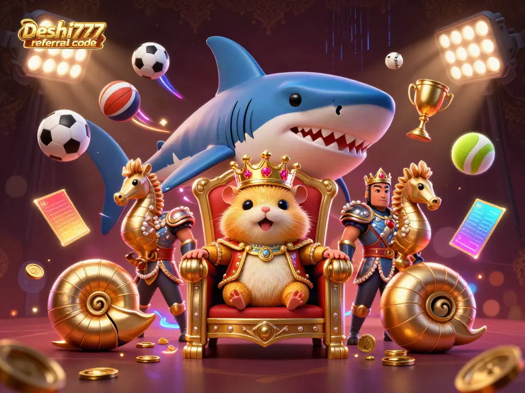 Experience the Deshi777 referral code benefits with fun gaming elements in a vibrant, themed illustration.