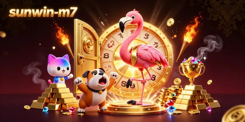 Experience the thrill of sunwin-m7 with a festive game show scene featuring a flamingo host, bulldog contestant, and cat assistant.
