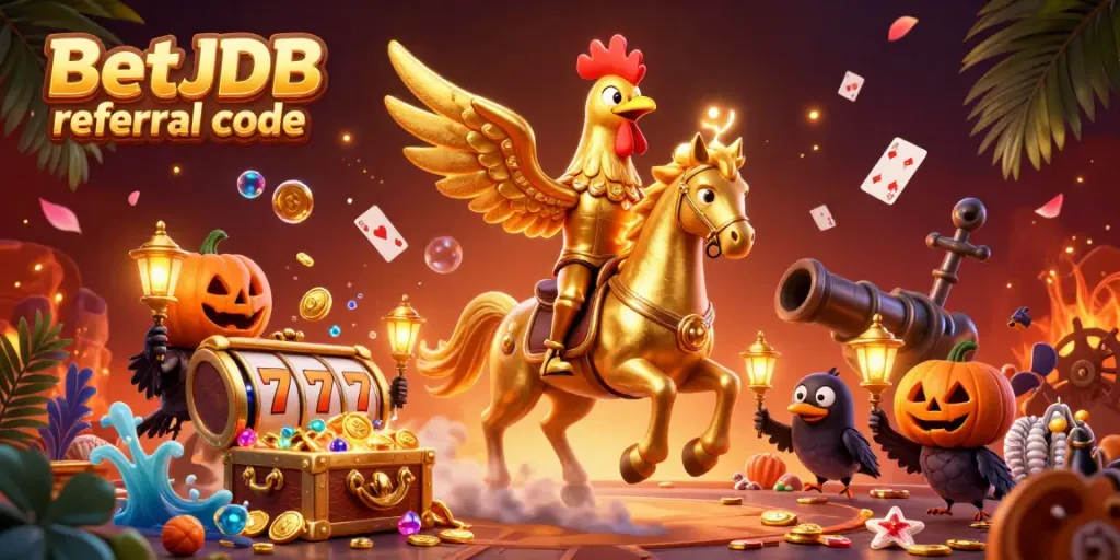 Experience the excitement of the BetJDB referral code with dynamic casino action featuring golden rooster characters.
