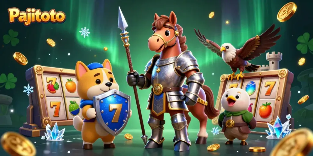 Pajitoto brings excitement with a knight, squire, and falcon in a vibrant slot game scene.