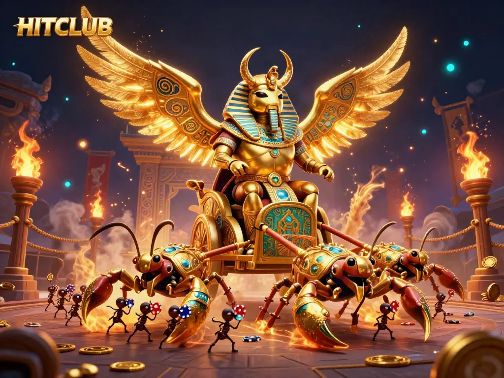 Witness the HITCLUB spectacle of a pharaoh's chariot and poker-chip carrying soldiers in a vibrant casino setting.