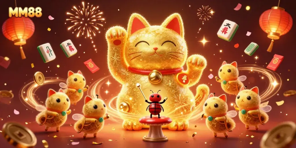 Experience MM88 excitement with a dynamic scene of a giant lucky cat and casino symbols.