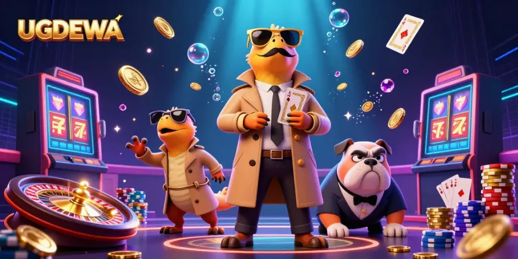 Experience UGDEWA with a humorous scene of raptors trying to enter a casino, surrounded by vibrant casino elements.