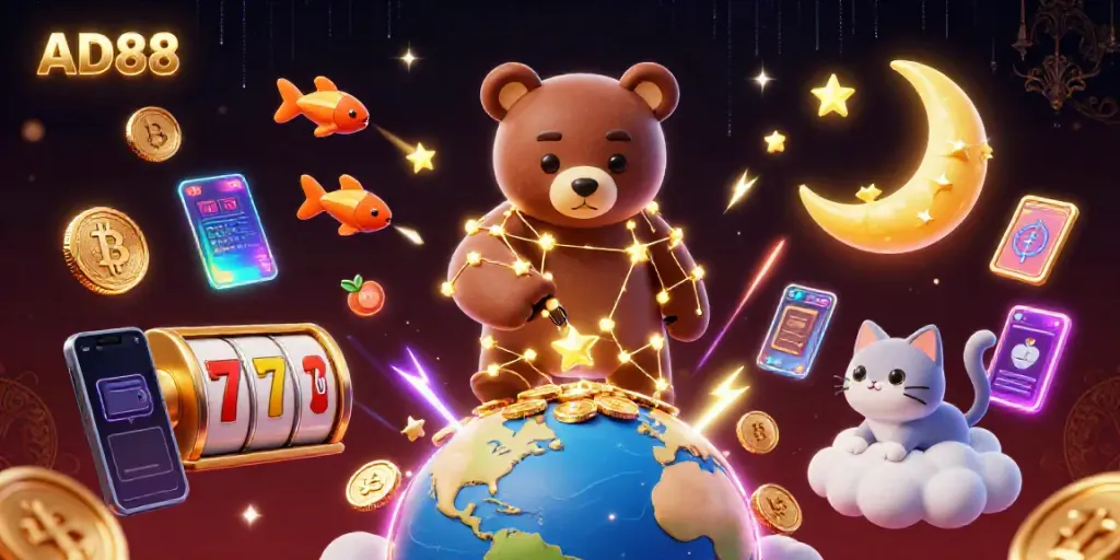 Experience winning excitement with AD88, featuring a constellation bear and vibrant casino elements.