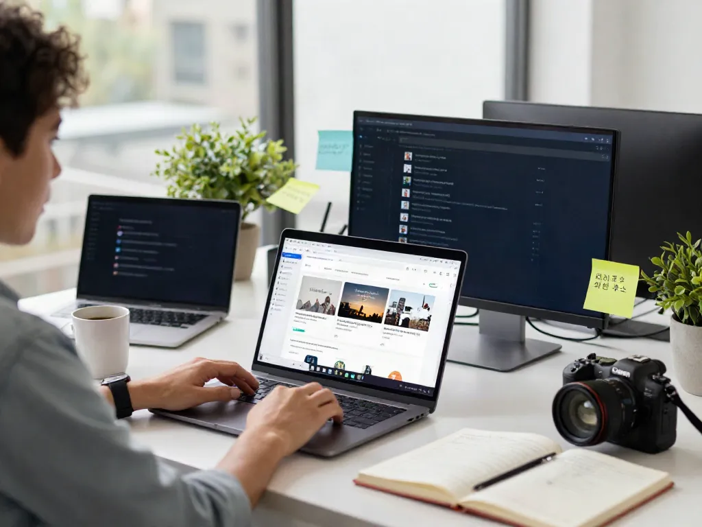 Workspace with person researching on a laptop for 최신주소, showcasing digital organization.