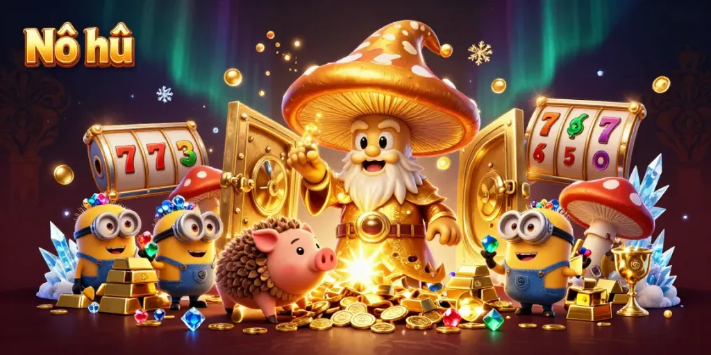 Nổ hũ slots scene featuring a wizard, a treasure pig, and joyous minions with gems.
