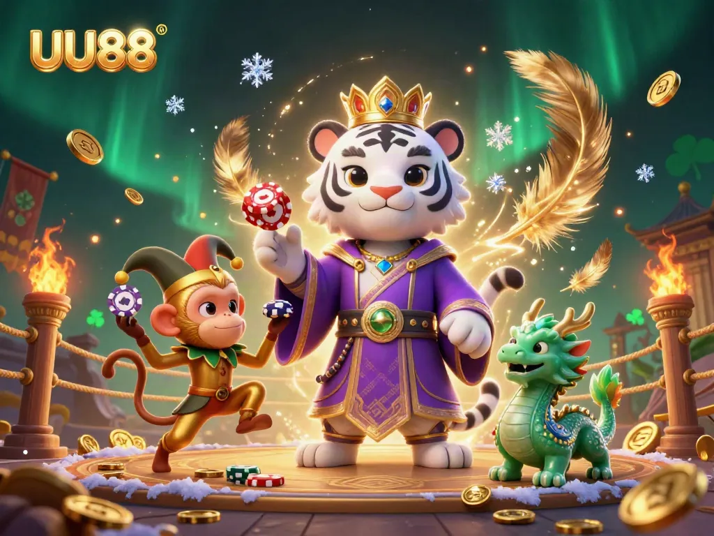 Experience the excitement of UU88 with a vibrant 3D illustration of a white tiger, monkey, and jade dragon amid casino elements.