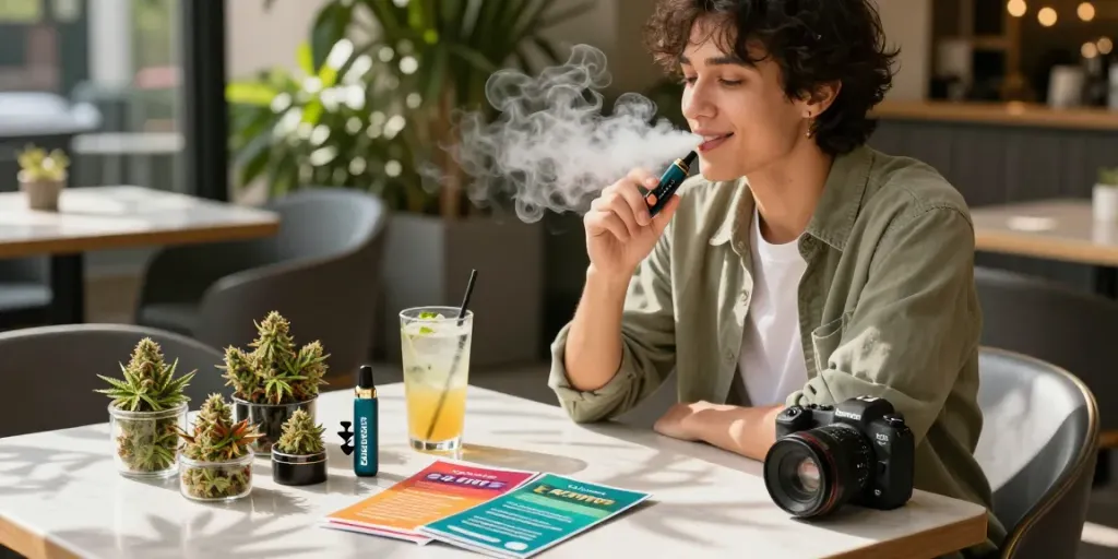 Boutiq Switch Orb V7 vaping experience at a chic café with cannabis strains displayed.