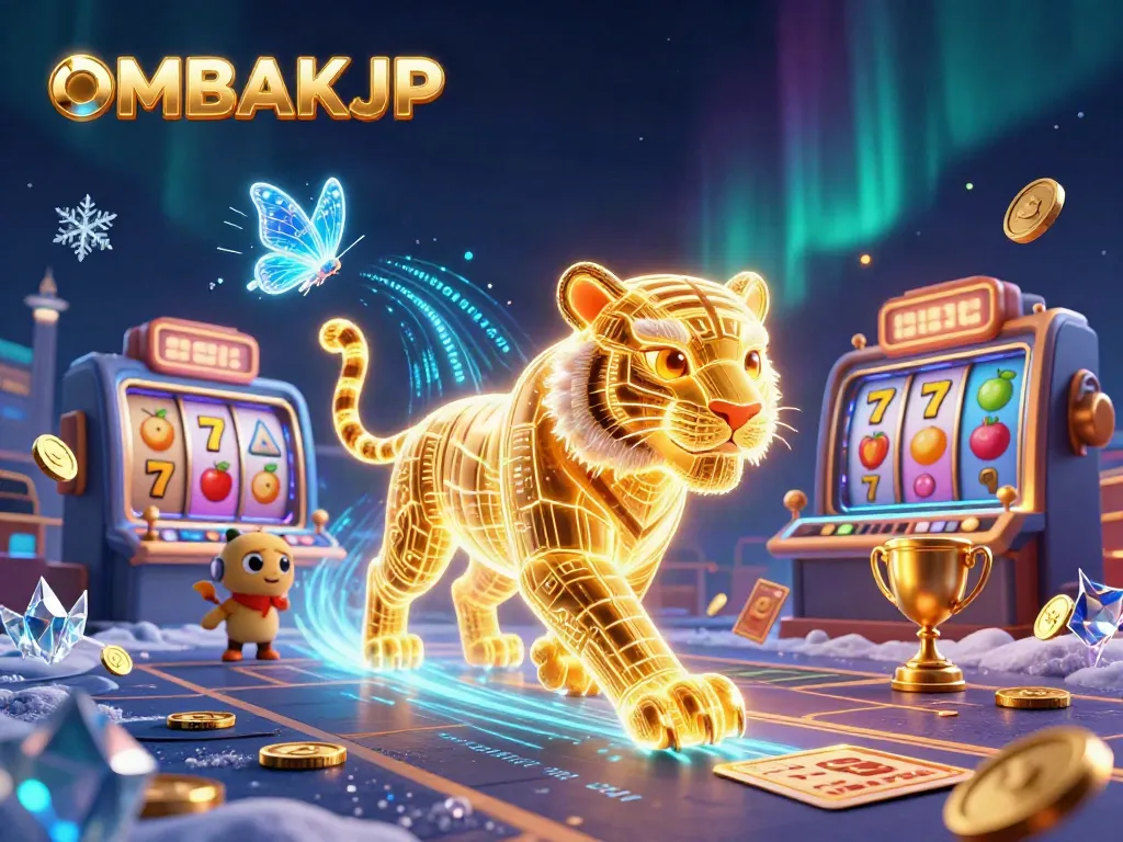 Experience the thrill of OMBAKJP with a vibrant casino scene featuring a golden tiger and exciting gaming elements.