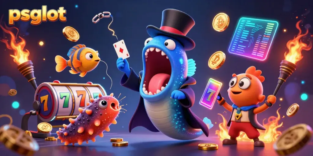 Engage with psgslot as a colorful gulper eel performs card tricks amidst vibrant slot game elements.