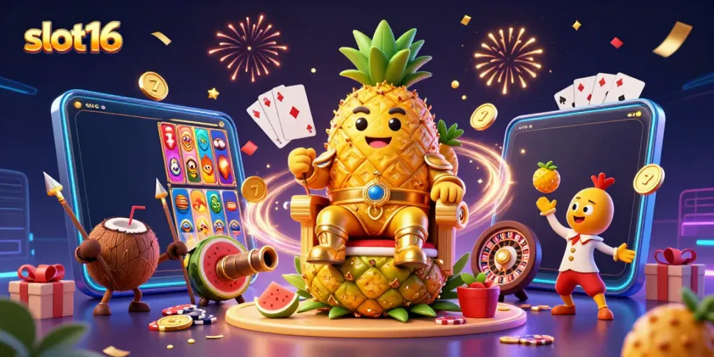 Experience the excitement of slot16 with a vibrant 3D casino scene depicting a golden pineapple king and gaming elements.