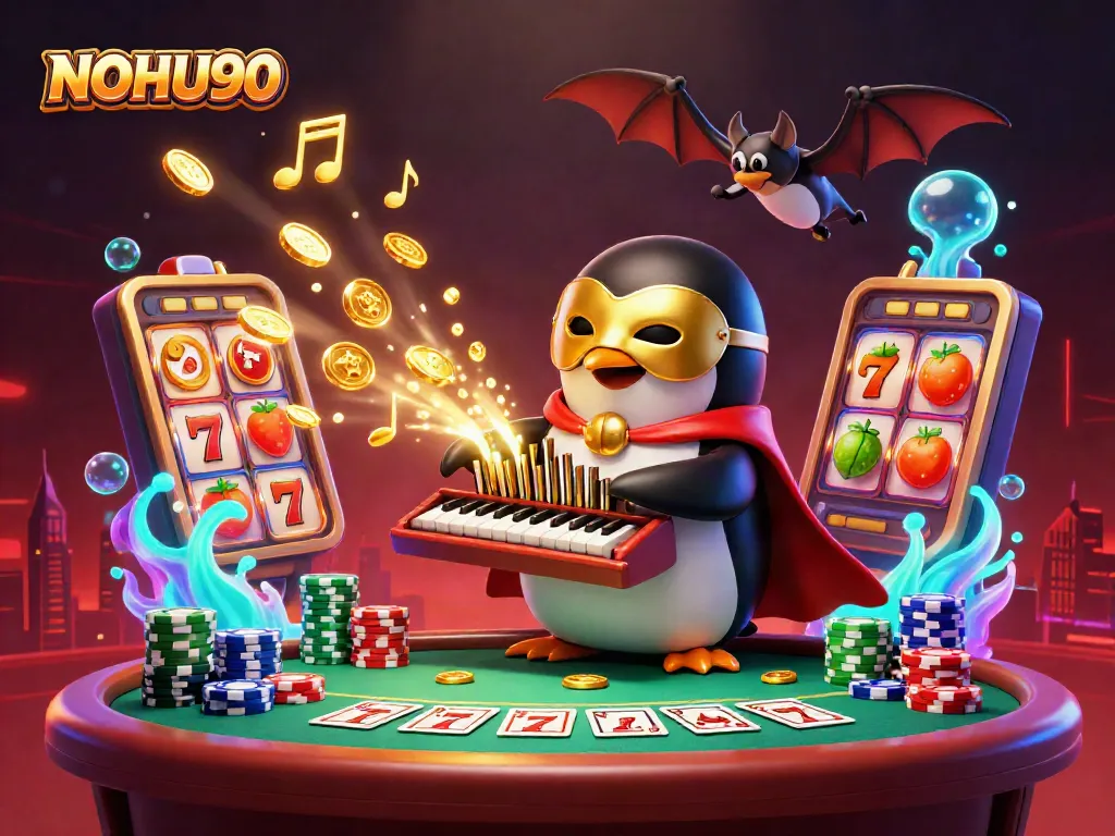 Experience the excitement of NOHU90 with animated slot reels and a whimsical penguin’s golden organ in this vibrant casino scene.