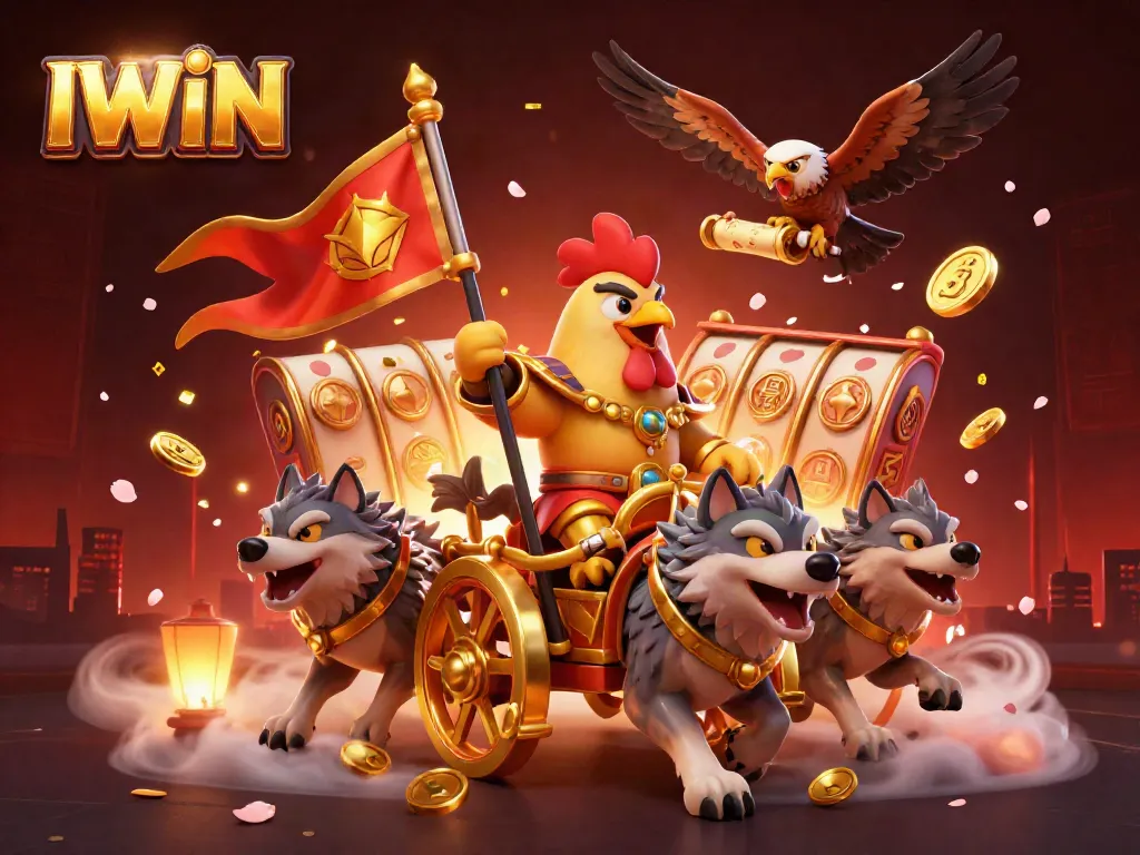 IWIN features a vibrant 3D cartoon scene with a rooster warlord, showcasing exciting casino elements and dynamic visuals.