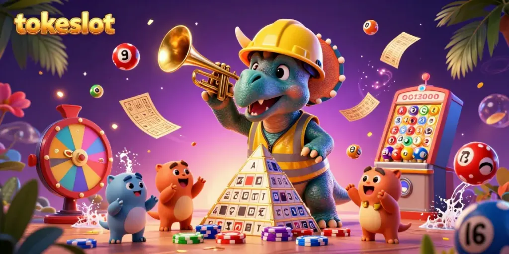 Permainan dinamis di tokeslot, menampilkan dinosaur 3D membangun tumpukan chip poker.