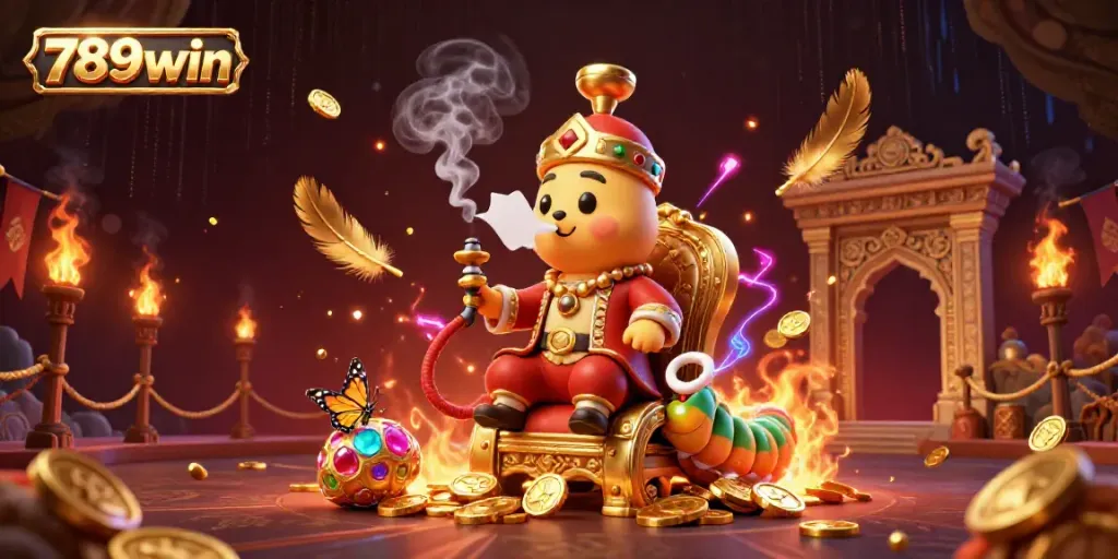 Engage with the vibrant world of 789win featuring a sultan-like caterpillar amid a dynamic casino scene.