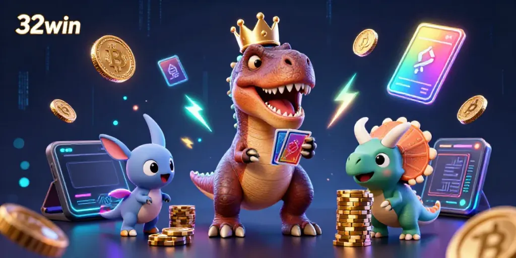 Experience the excitement of 32win in a lively casino scene with animated dinosaur characters.