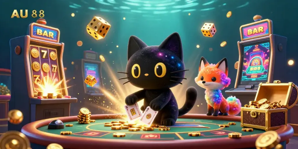 Experience the AU888 casino universe with a whimsical black hole cat amidst glorious jackpots and cosmic charm.