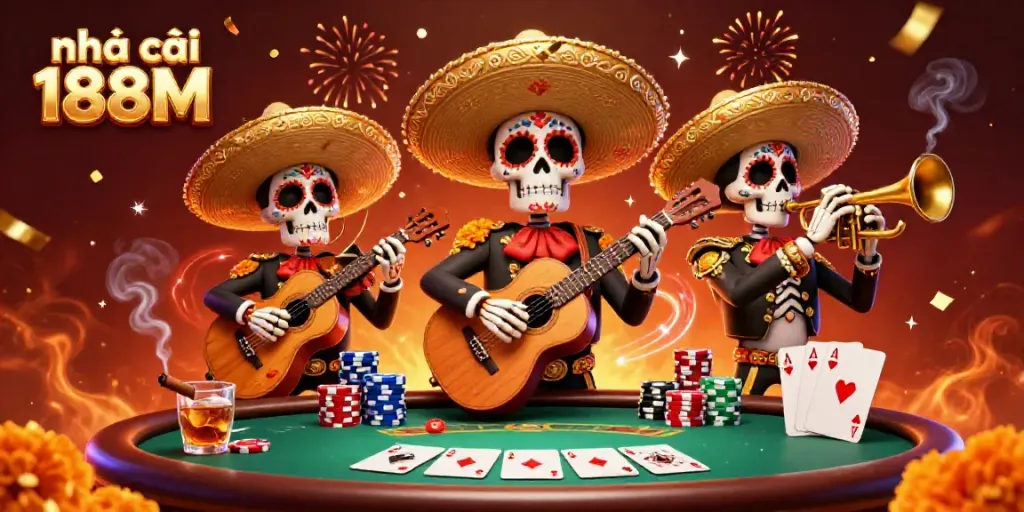 Capture thrilling moments at nhà cái 188M with a vibrant gaming scene featuring a mariachi band amidst colorful poker elements.