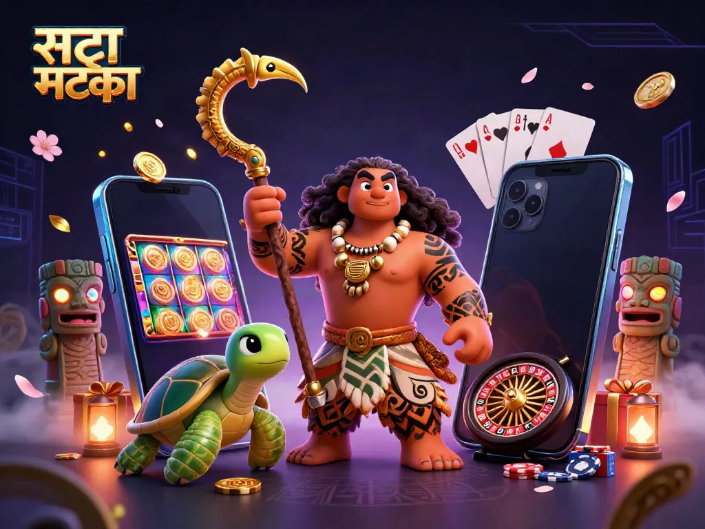 सट्टा मटका खेलते हुए पात्रों के साथ 3D कैसीनो दृश्य, गोल्डन मछली के हुक और मोबाइल गेमिंग के साथ।