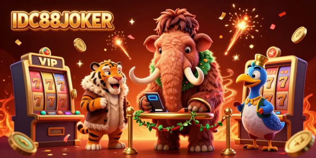 Experience the excitement of IDC88JOKER with mammoth bouncers and slot machines in action.
