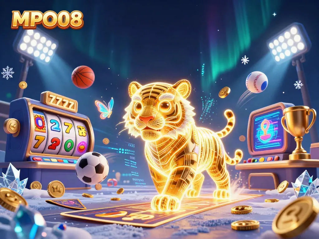 MPO08 showcases a vibrant digital casino with a 3D golden tiger and engaging game elements flying.