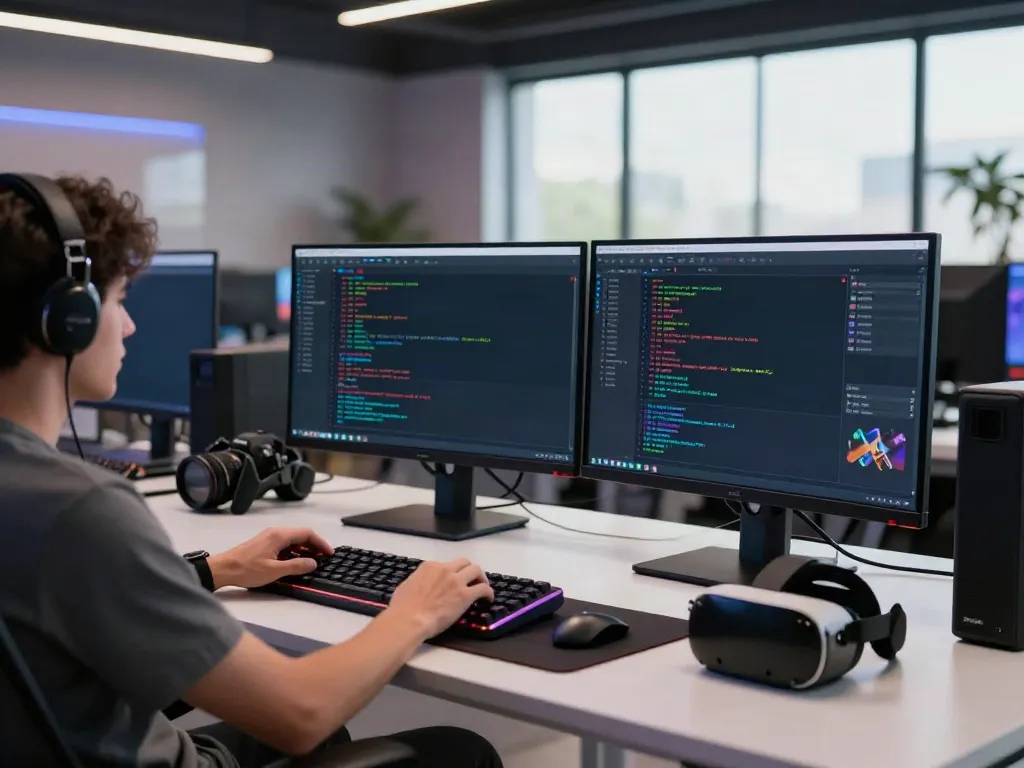 Developer analyzing mod apk configurations in a modern tech workspace.