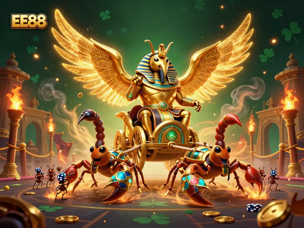 Experience thrilling gameplay with EE88 as a golden beetle leads a chariot through an exhilarating casino realm.