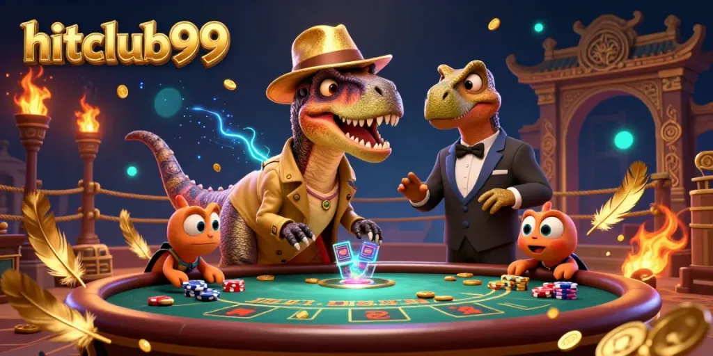 Engage with hitclub99 in this vibrant 3D scene showcasing lively casino elements and unique characters.