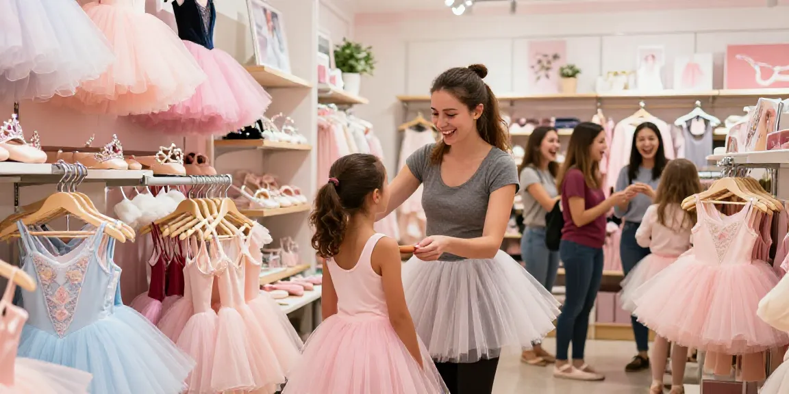 A cheerful customer experience at a tutu store with colorful tutus and accessories.