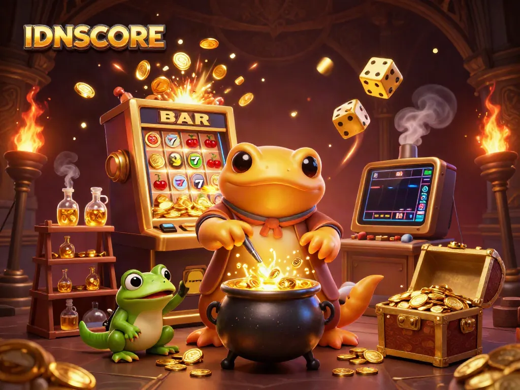IDNSCORE brings a vibrant casino scene with gold coins, games, and magical characters illustrating the excitement of online gaming.