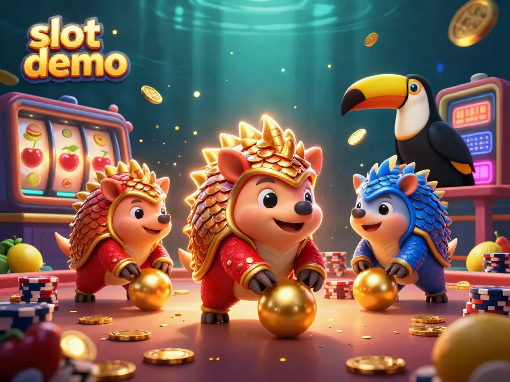 Engage in thrilling slot demo action with rival pangolins amid festive casino elements and bright visuals.