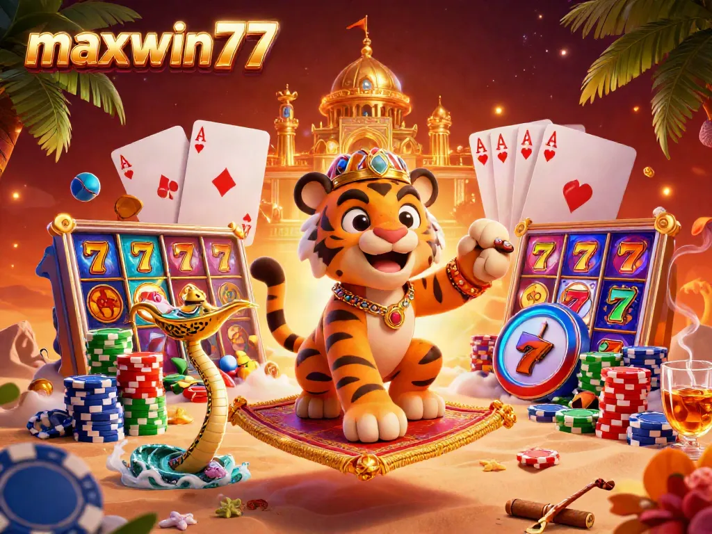 Experience thrilling wins with maxwin77 in a vibrant 3D casino scene featuring slot reels and jackpot excitement.