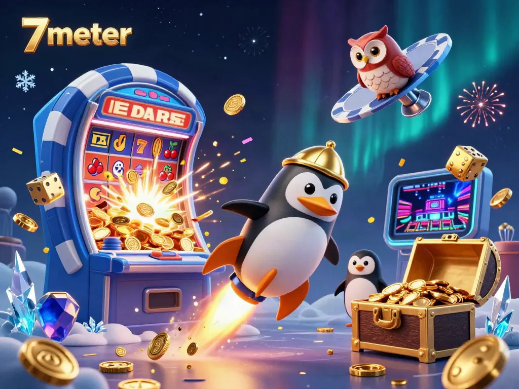 7meter casino illustration featuring a golden penguin in space with a jackpot slot machine bursting coins.
