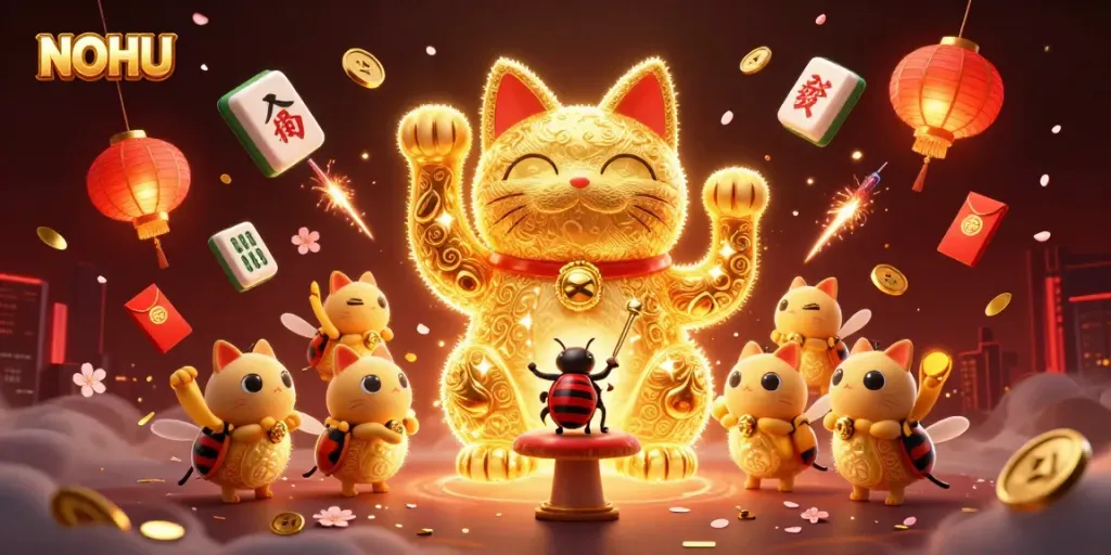 NOHU's spectacular lucky cat showcased in a vibrant casino scene with festive symbols.