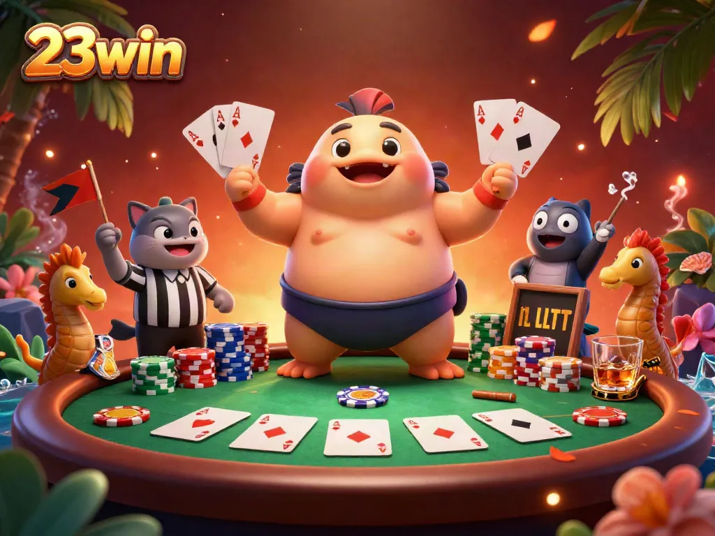 Watch the dynamic 3D scene of a fugu in a sumo belt and a catfish referee as they participate in poker at 23win.