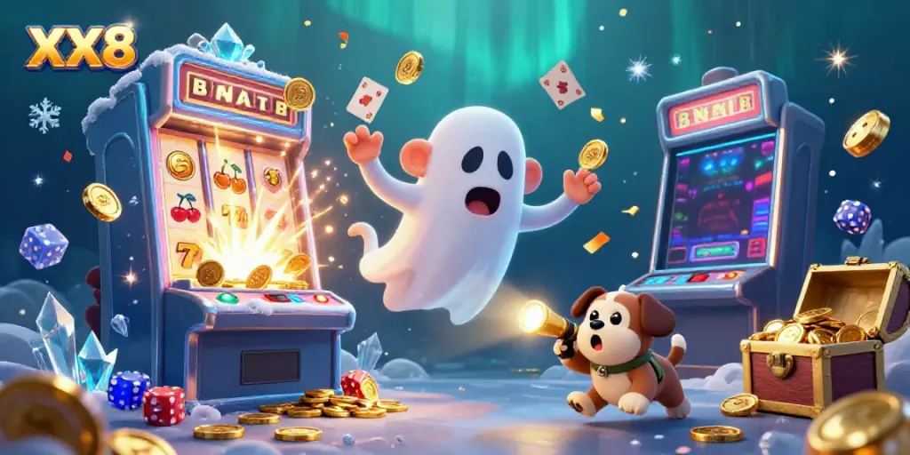 Experience the vibrant gaming atmosphere of XX8 with a playful poltergeist monkey juggling golden casino items, adding excitement to every game.