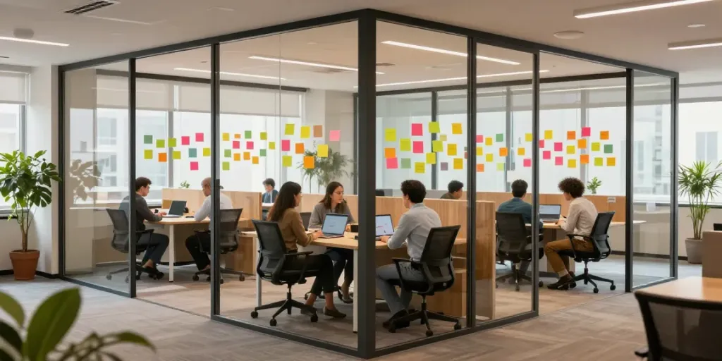 Modern office with a پارتیشن تک جداره, showcasing a collaborative workspace and inviting atmosphere.