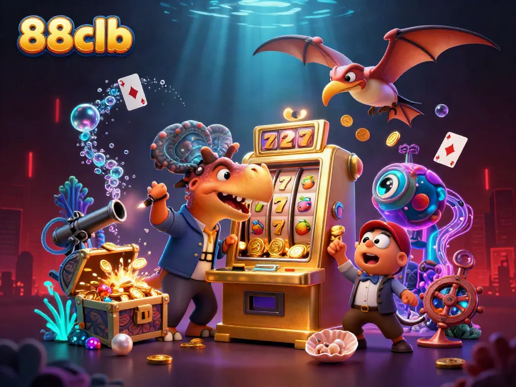 Witness the fun at 88clb as a dinosaur character interacts with a slot machine while coins rain down.