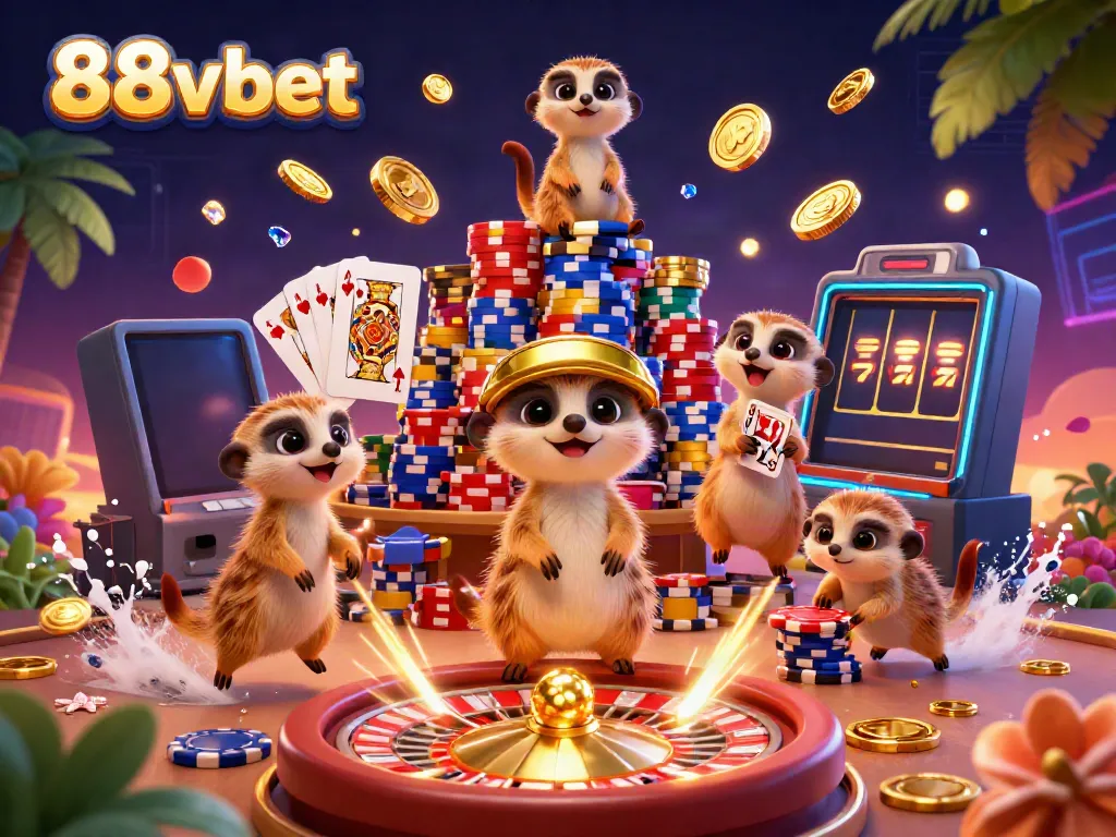 Experience the vibrant excitement of 88vbet with lively meerkats managing a dynamic casino atmosphere.