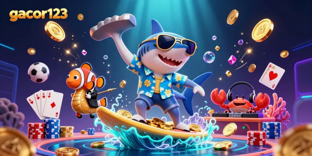 Engage with gacor123 online gaming by surfacing a vibrant underwater scene with a shark and casino elements.