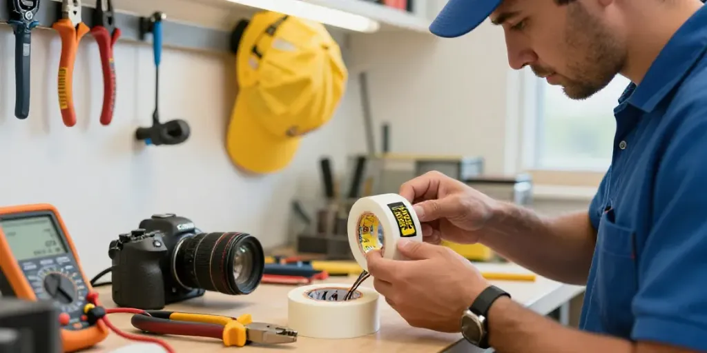 Electrician applying Super33 tape on wires in a detailed workshop.