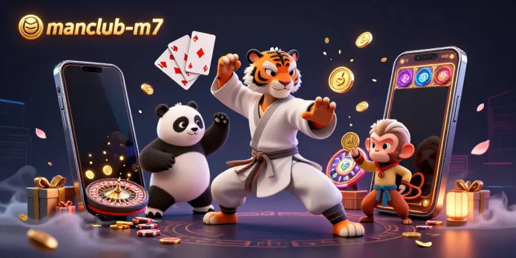 Engage in fun gaming with manclub-m7’s dynamic 3D casino illustration showcasing lively characters and vibrant slot elements.