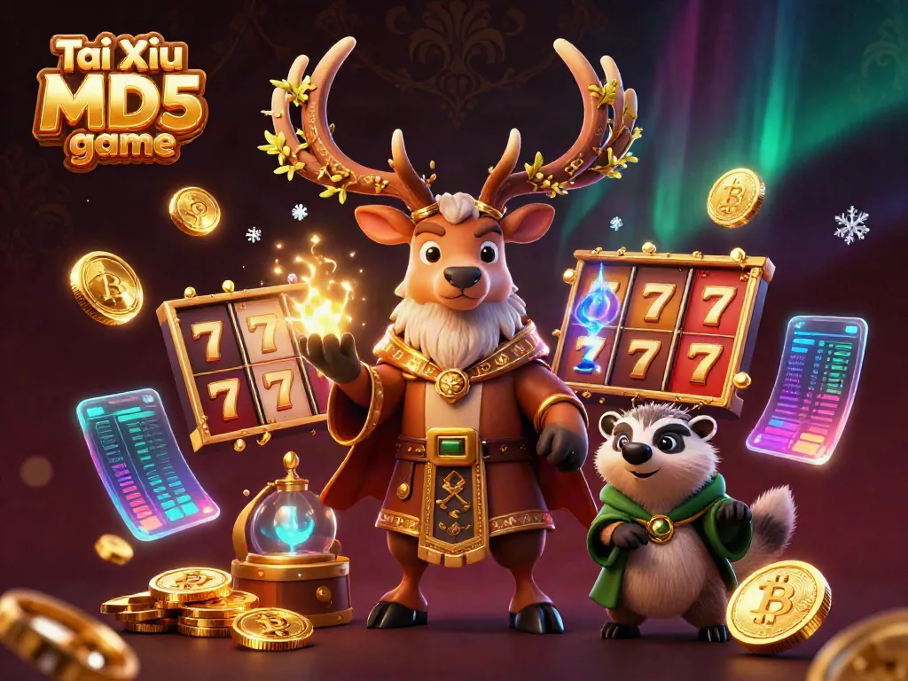 Experience the excitement of Tài Xỉu MD5 game with a dynamic 3D illustration featuring engaging characters and vibrant casino elements.