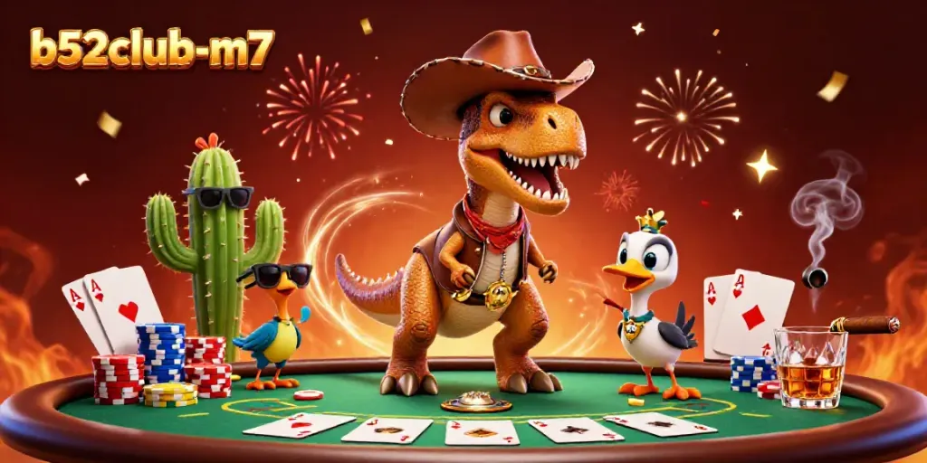 Engage in fun at b52club-m7 with a festive 3D casino scene featuring playful characters and rich game elements.