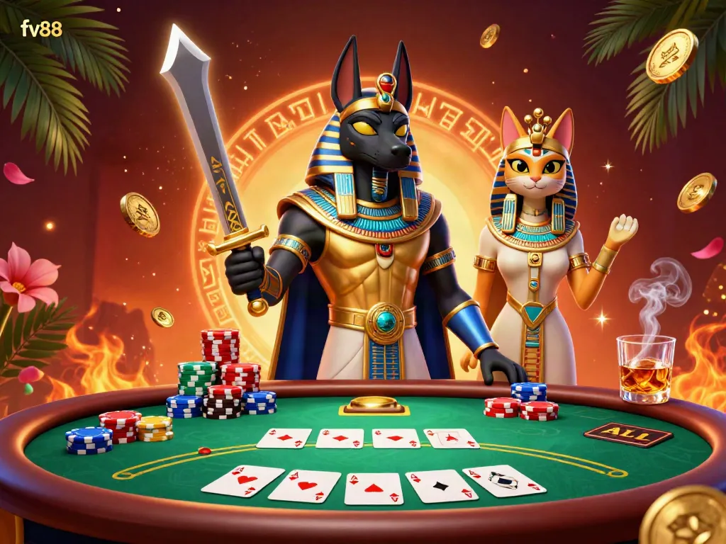 Experience thrilling poker at fv88 with an ancient Egyptian warrior and sacred cat in a lively casino scene.