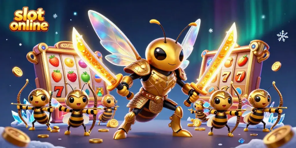 Bermain slot online dengan perwakilan hornet emas berarmor samurai, dikelilingi elemen slot dan koin.