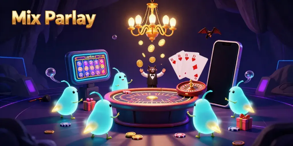 Join the thrilling Mix Parlay scene with glowworms and a bat dealer dazzling in a vibrant casino cave, showcasing energetic game elements.