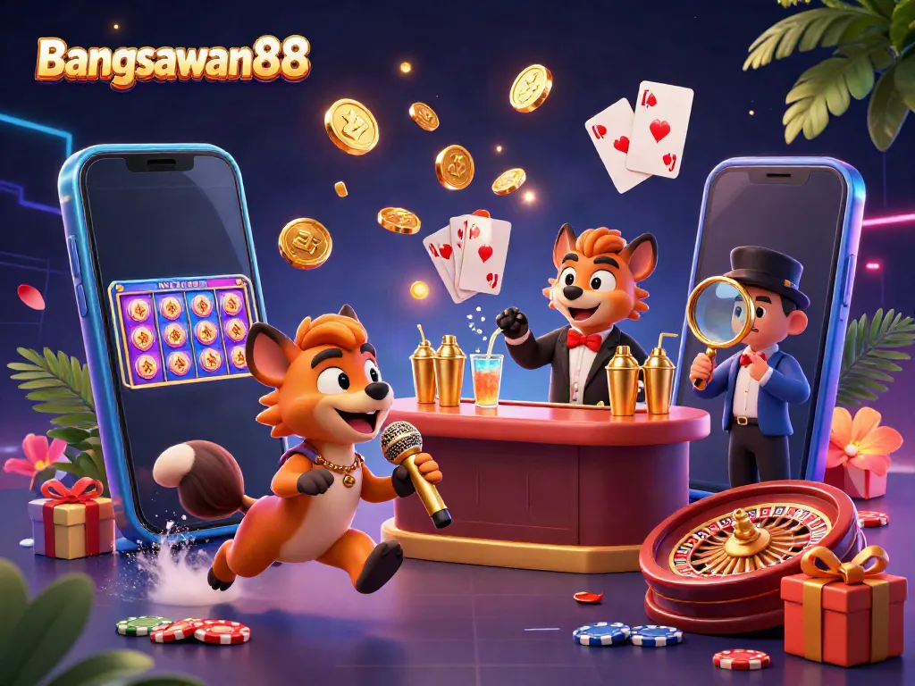 Bangsawan88 showcases a lively casino atmosphere with hyenas in a comedy club during a vibrant game night.