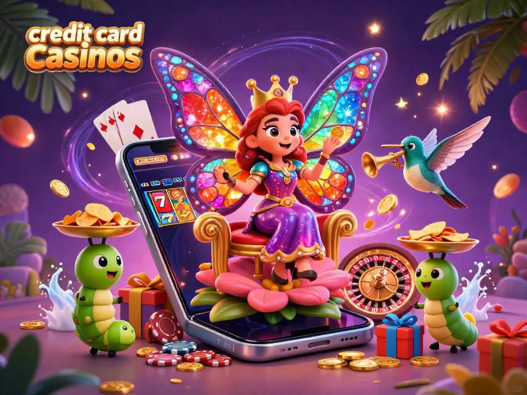Experience vibrant gameplay with credit card casinos featuring a butterfly queen amidst casino elements.
