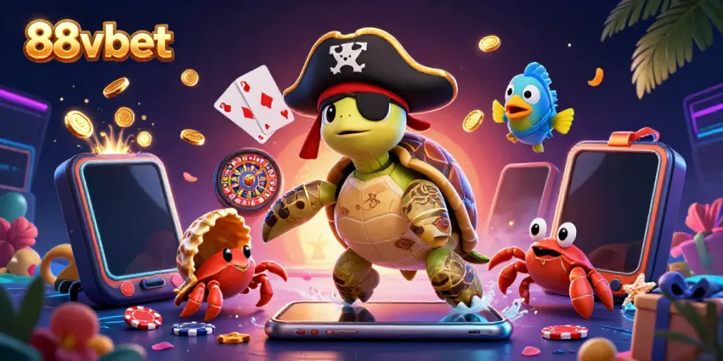 Engage with thrilling slots at 88vbet, featuring a pirate turtle, crab, and parrotfish amidst the treasure.